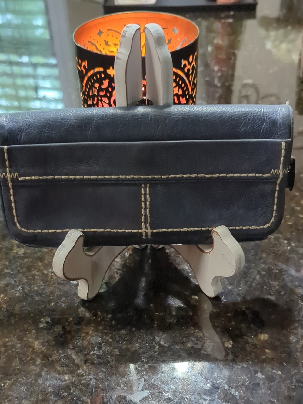 Women's s Leather Fossil Wallet Clutch - Blue with Contrast Stitching